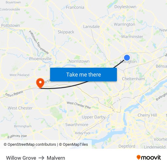 Willow Grove to Malvern map