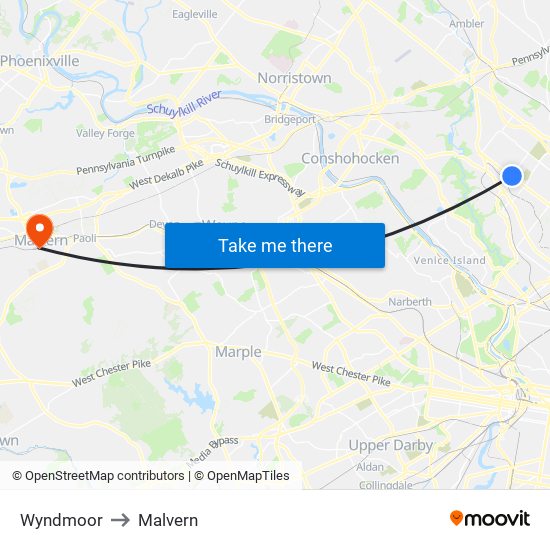 Wyndmoor to Malvern map