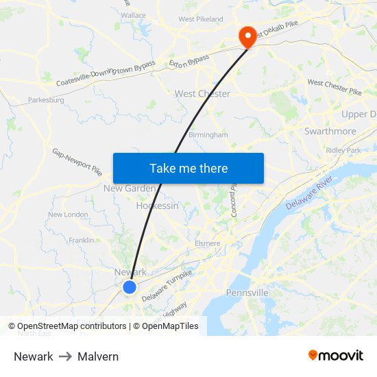 Newark to Malvern map