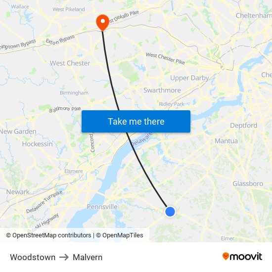 Woodstown to Malvern map