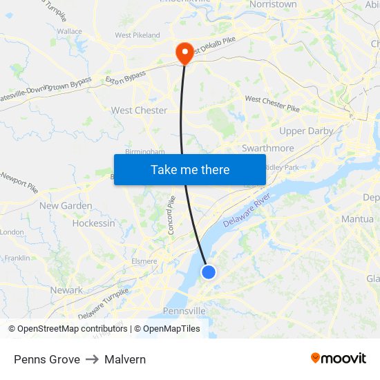 Penns Grove to Malvern map