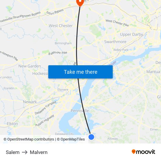 Salem to Malvern map