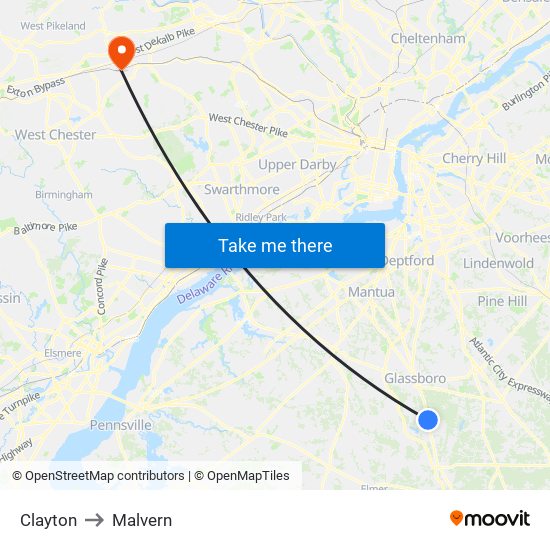 Clayton to Malvern map