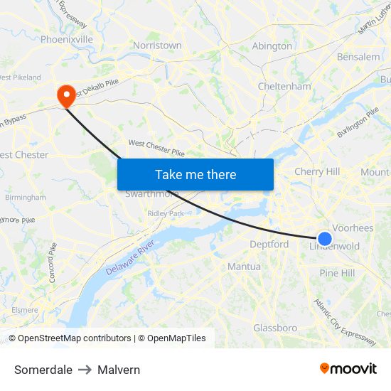 Somerdale to Malvern map