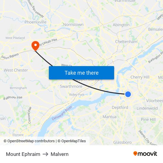 Mount Ephraim to Malvern map
