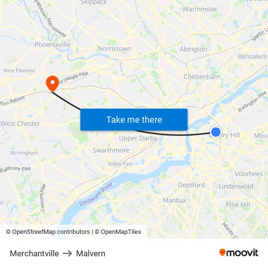 Merchantville to Malvern map