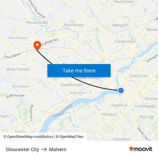 Gloucester City to Malvern map