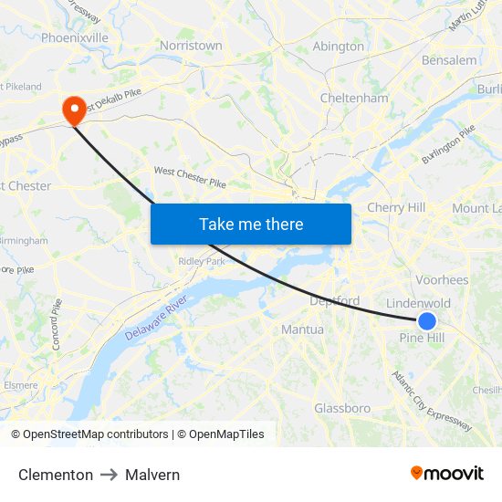 Clementon to Malvern map
