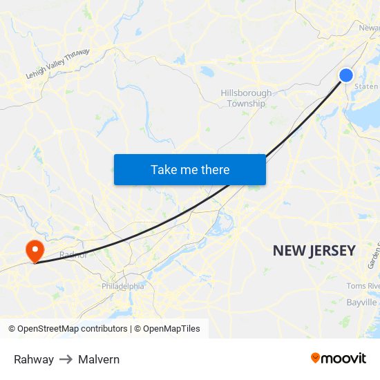 Rahway to Malvern map