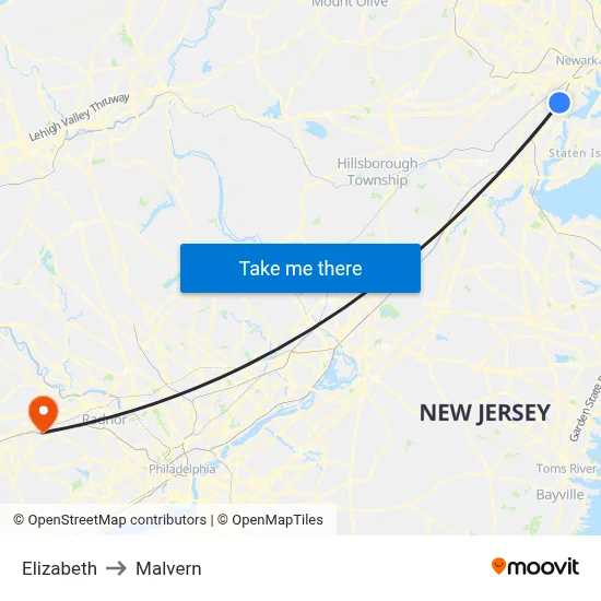Elizabeth to Malvern map
