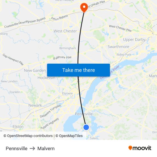 Pennsville to Malvern map