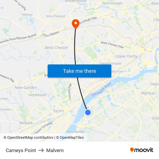 Carneys Point to Malvern map
