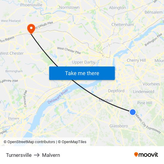 Turnersville to Malvern map