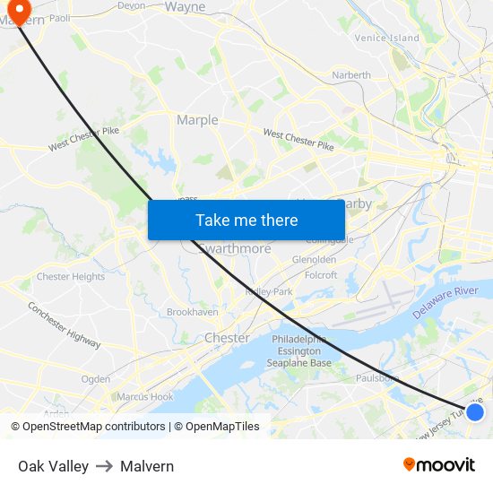 Oak Valley to Malvern map