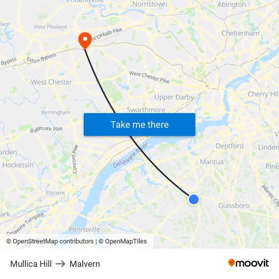Mullica Hill to Malvern map