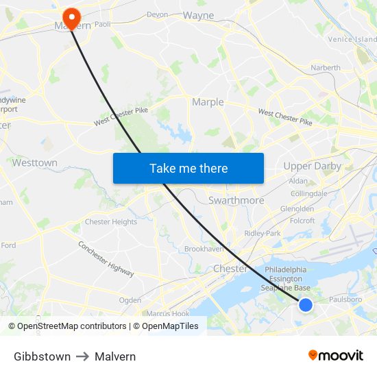 Gibbstown to Malvern map