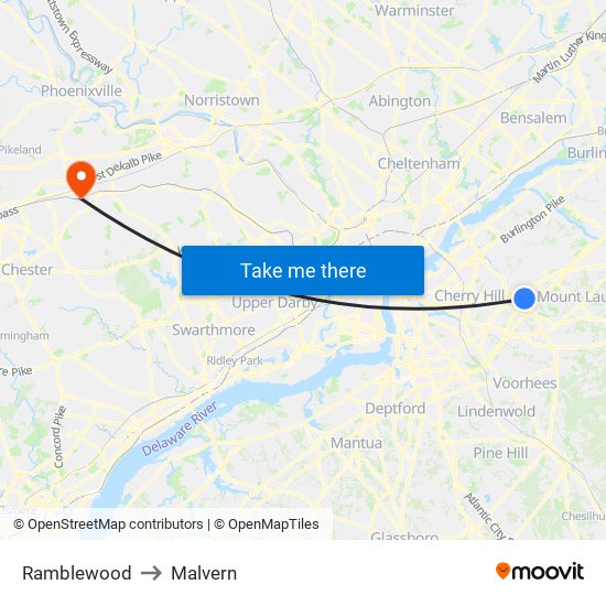 Ramblewood to Malvern map