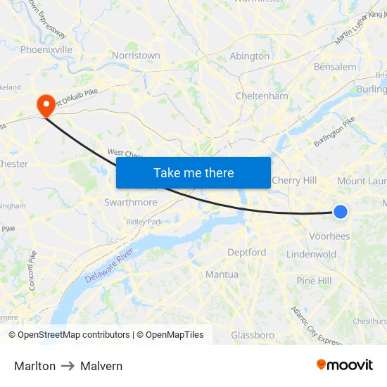 Marlton to Malvern map