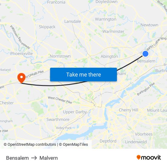 Bensalem to Malvern map