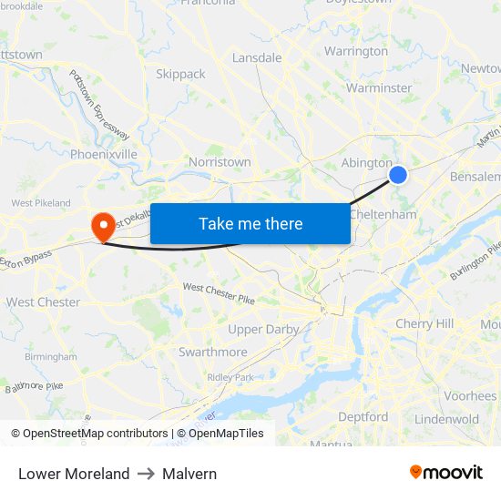 Lower Moreland to Malvern map