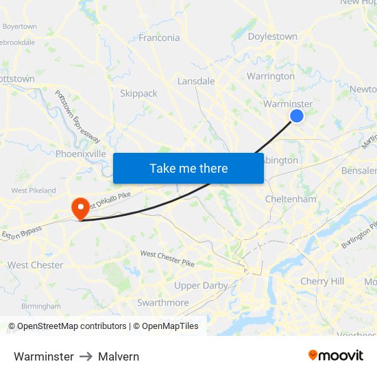 Warminster to Malvern map