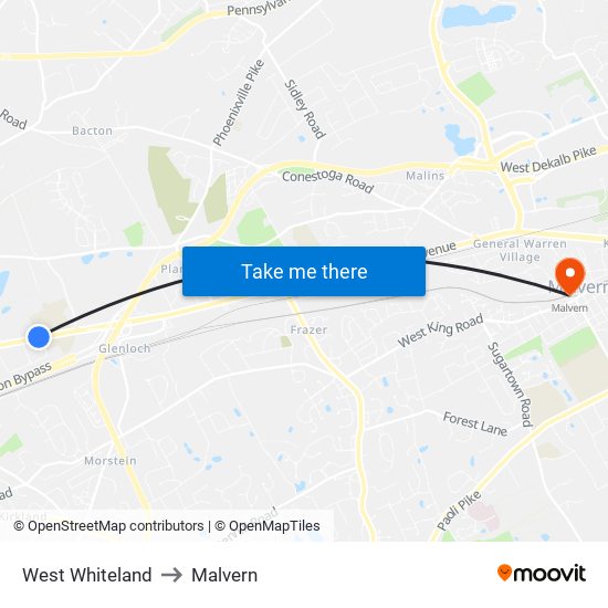 West Whiteland to Malvern map