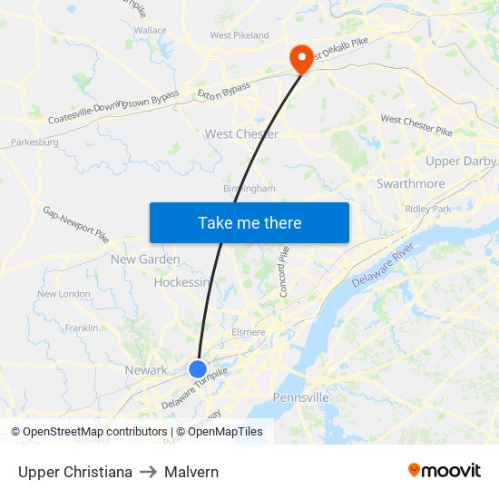 Upper Christiana to Malvern map