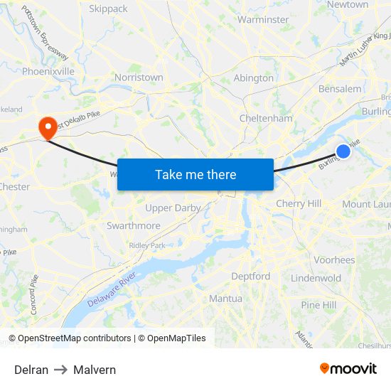 Delran to Malvern map