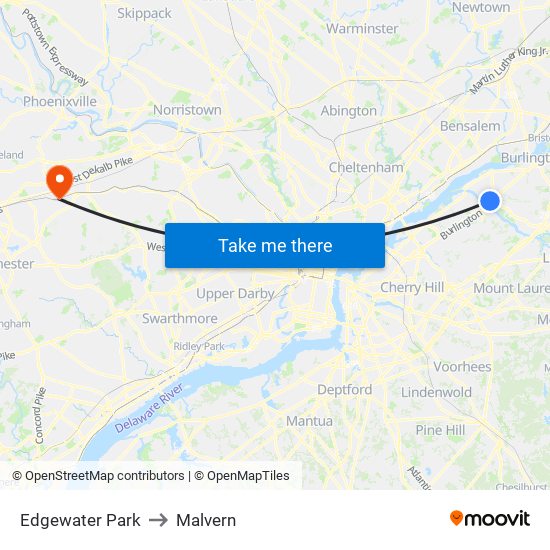 Edgewater Park to Malvern map