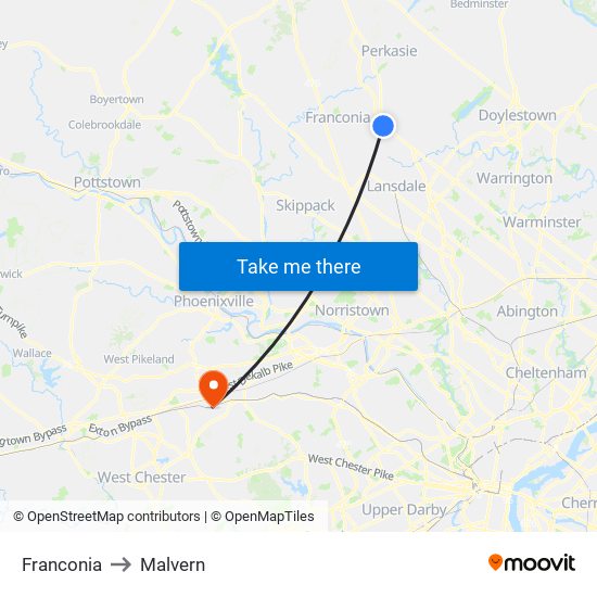 Franconia to Malvern map