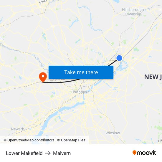 Lower Makefield to Malvern map