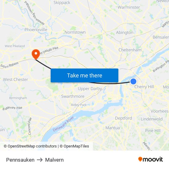 Pennsauken to Malvern map