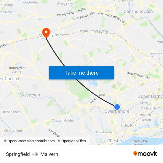 Springfield to Malvern map