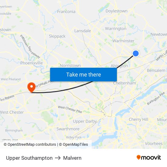Upper Southampton to Malvern map