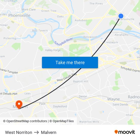 West Norriton to Malvern map