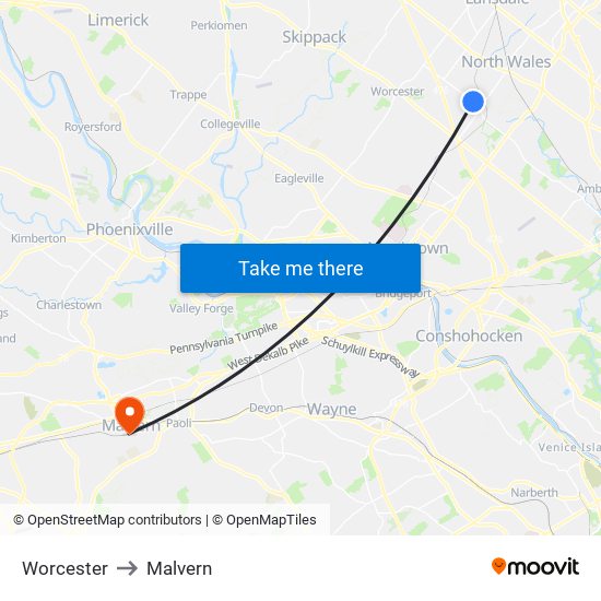 Worcester to Malvern map