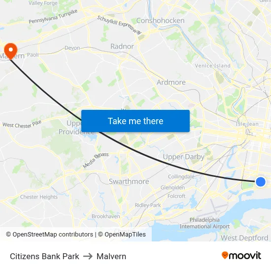 Citizens Bank Park to Malvern map