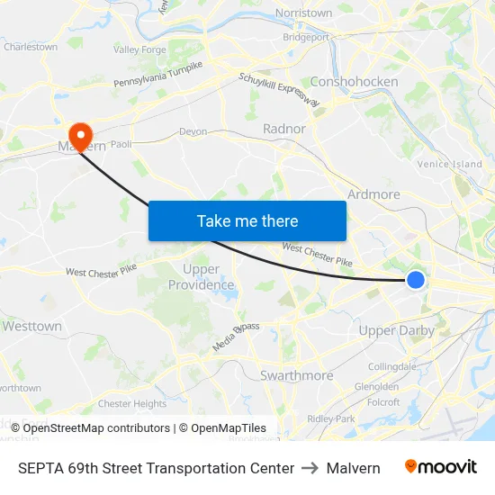 SEPTA 69th Street Transportation Center to Malvern map