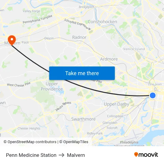 Penn Medicine Station to Malvern map