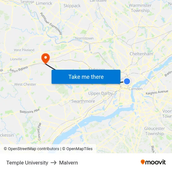 Temple University to Malvern map