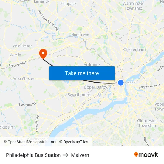 Philadelphia Bus Station to Malvern map