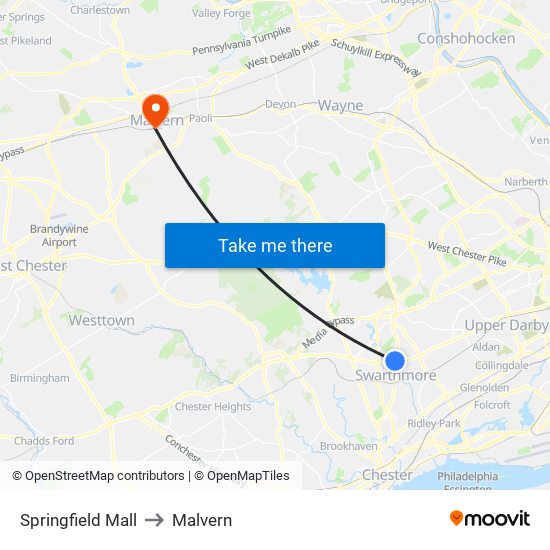 Springfield Mall to Malvern map