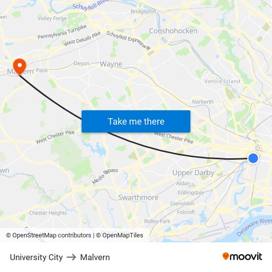University City to Malvern map