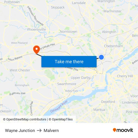 Wayne Junction to Malvern map