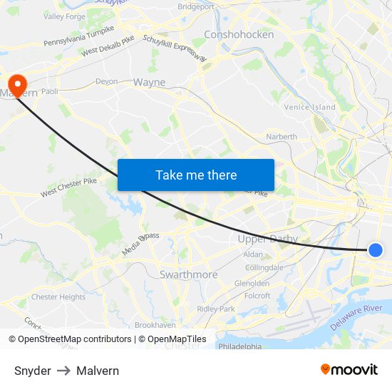 Snyder to Malvern map