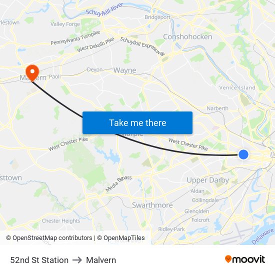 52nd St Station to Malvern map
