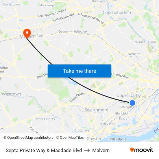 Septa Private Way & Macdade Blvd to Malvern map