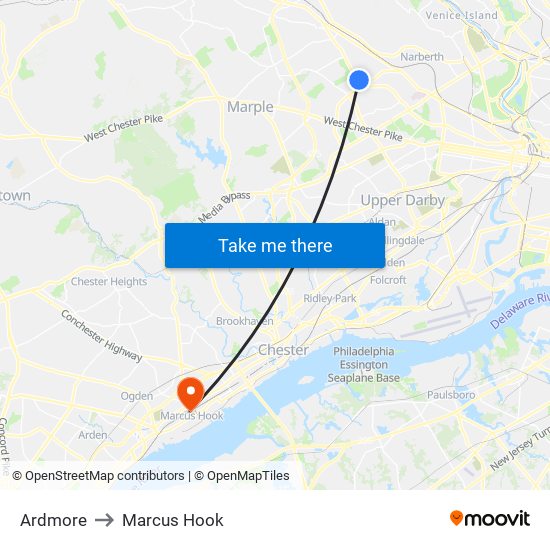 Ardmore to Marcus Hook map