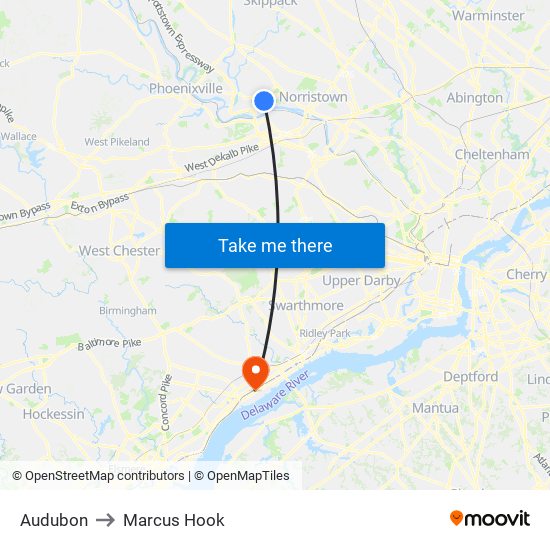 Audubon to Marcus Hook map