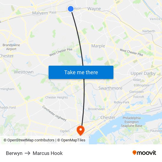 Berwyn to Marcus Hook map